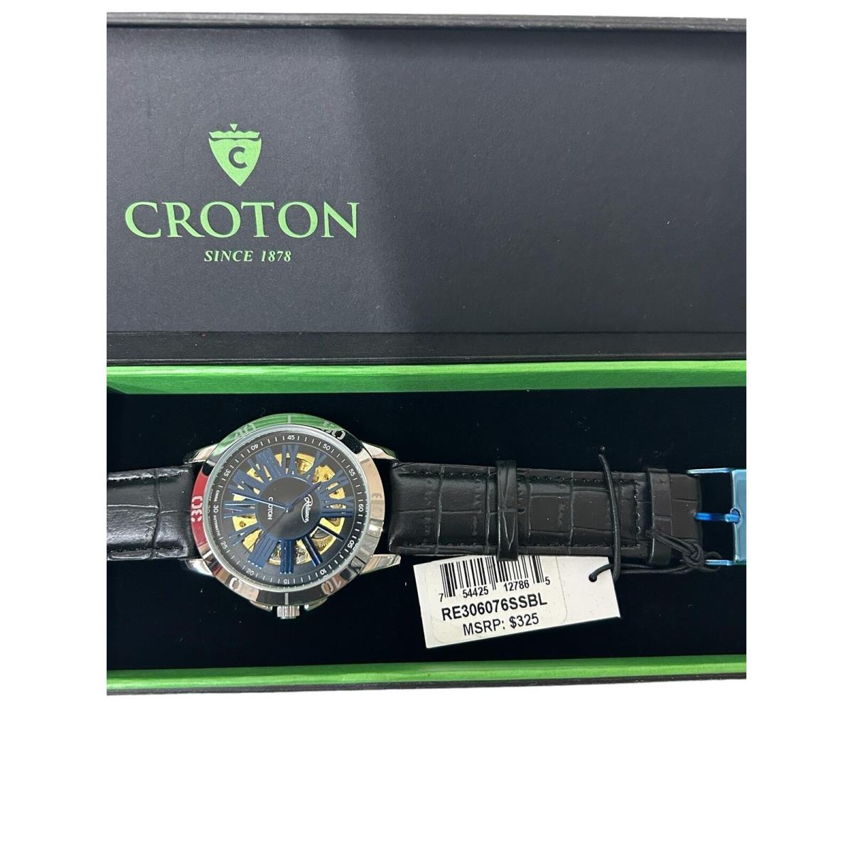 Croton Watch - Silver/blue Partial Skeleton - Black Leather