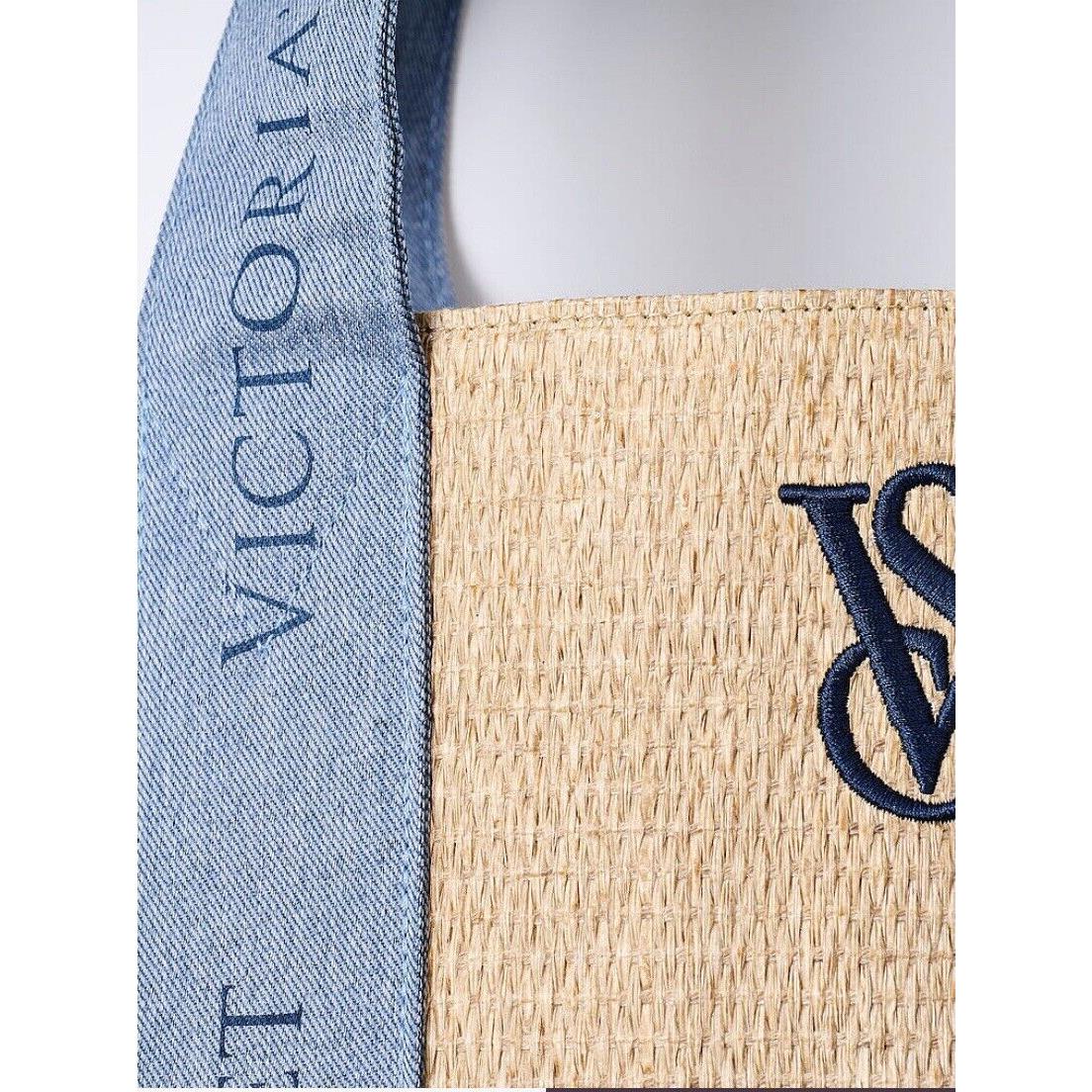 Victoria`s Secret Straw Beach Tote Bag Large Weekender Travel Logo Blue Beige