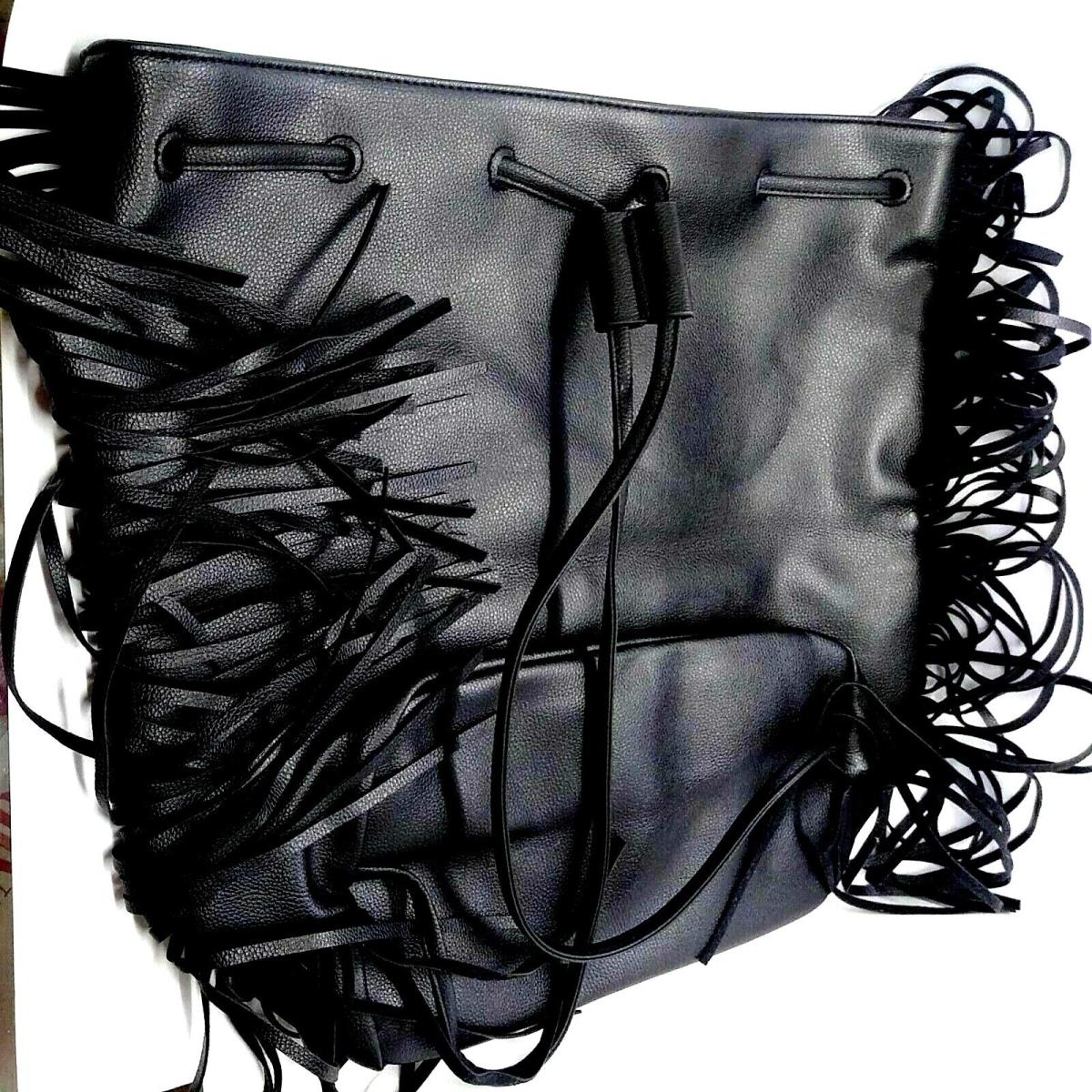 Victoria`s Secret Backpack Black Fringe Medium Size Boho Style Drawstring Rare