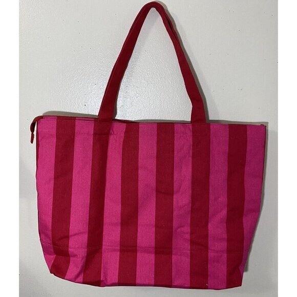 Victoria`s Secret Pink Stripe Tote Extra Large Canvas Zip Beach Bag