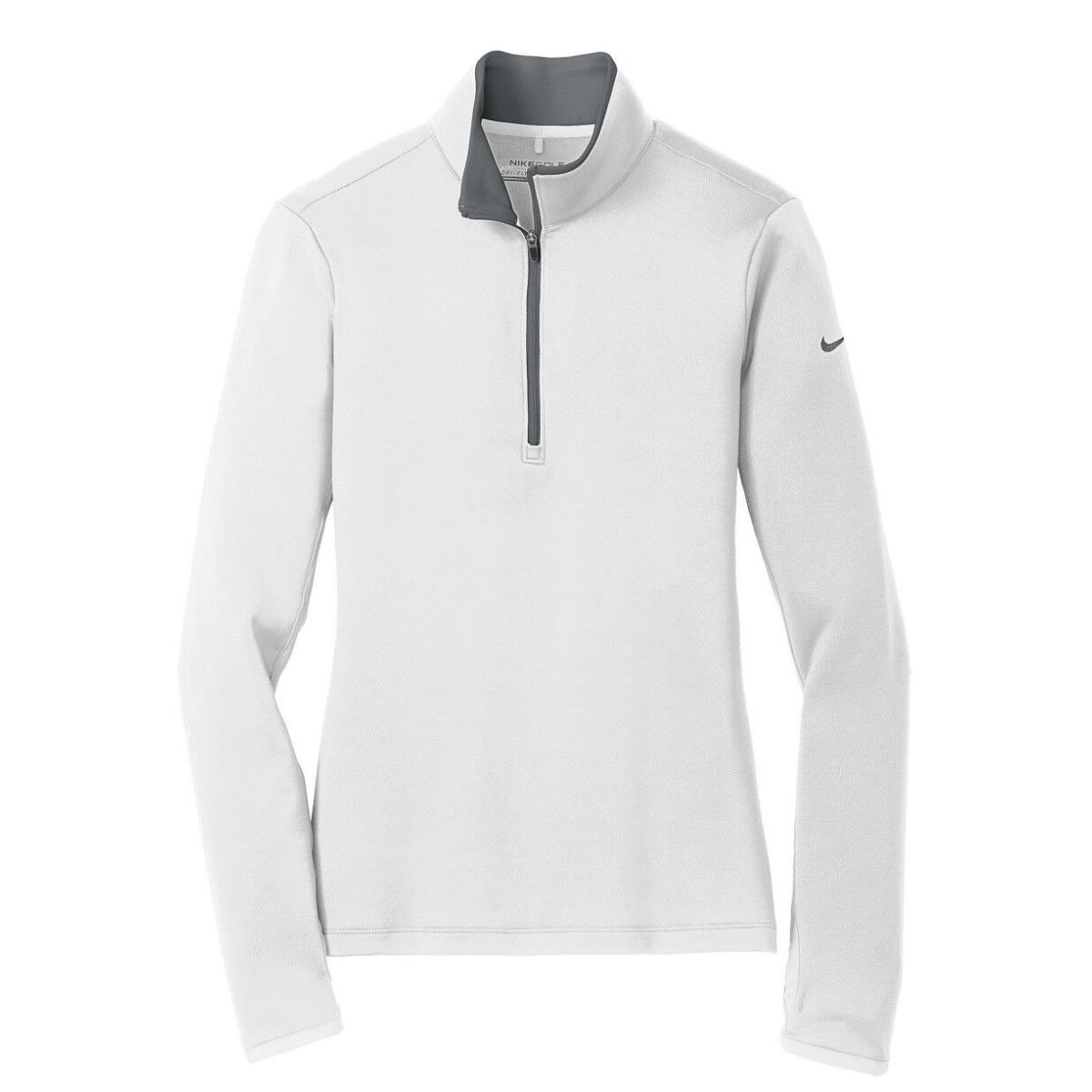 Women`s Nike Dri Fit Stretch 1/2 Zip Pullover Wicking Long Sleeve S-2XL White / Dark Grey