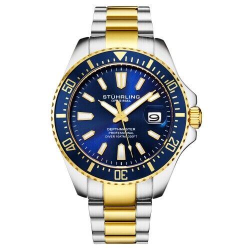 Stuhrling 3950A 5 Aquadiver Date Stainless Steel Blue Dial Two Tone Mens Watch