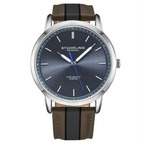 Stuhrling 3992 3 Quartz Gray Sunray Dial Brown and Blue Leather Mens Watch
