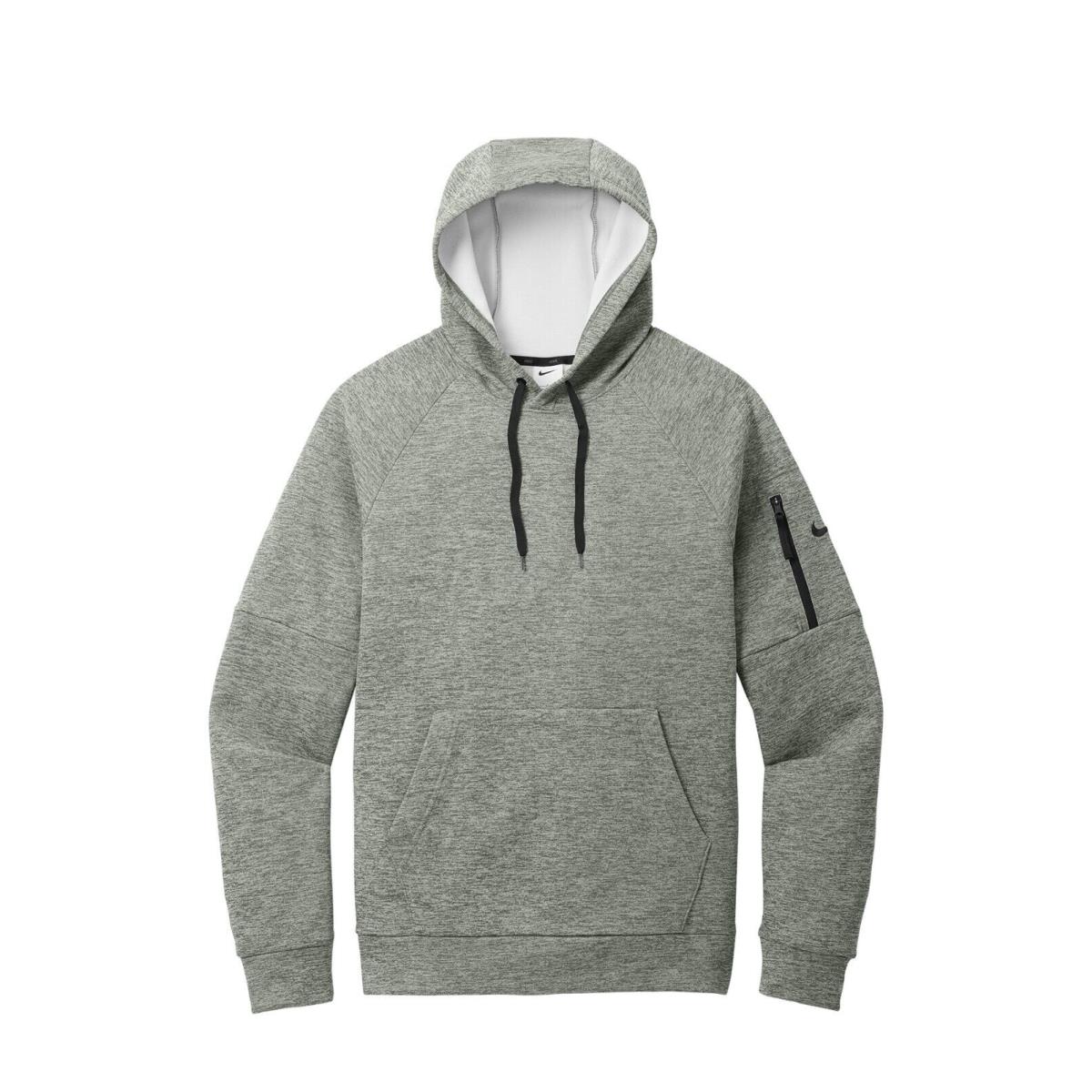 Nike Men`s Therma-fit Fleece Pullover Hoodie Drawcord Hood Arm Pocket XS-4XL Dark Grey Heather