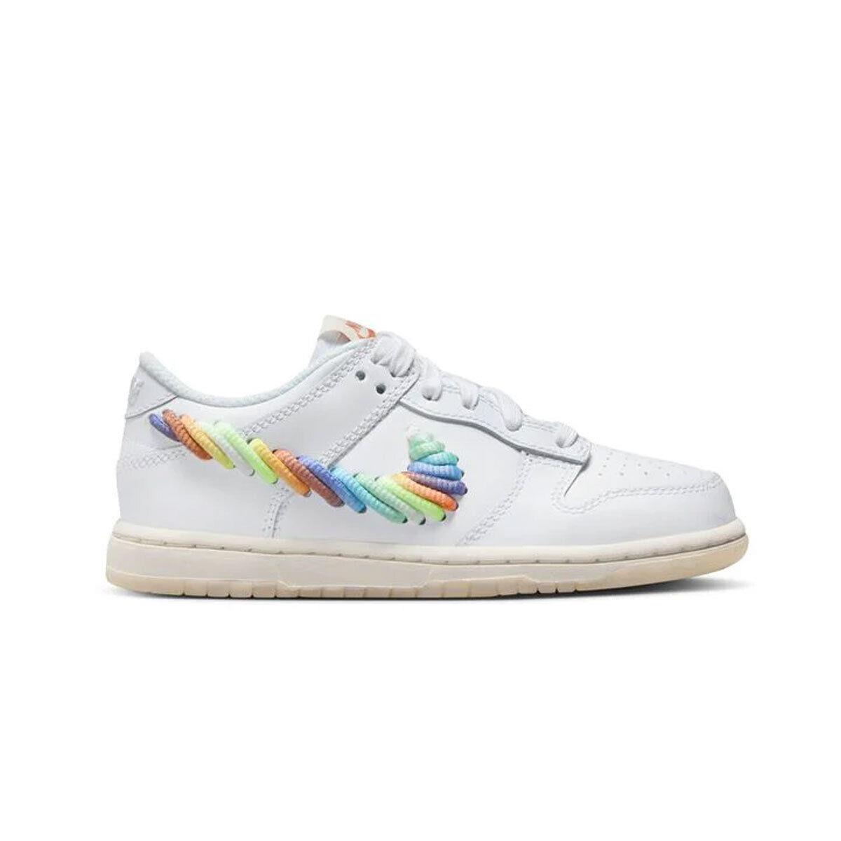 Nike Dunk Low SE Rainbow Lace Swoosh PS FN4862-100 White/silver SZ 10C-3Y - White/Multi-Color/Dark Pony/Light Silver