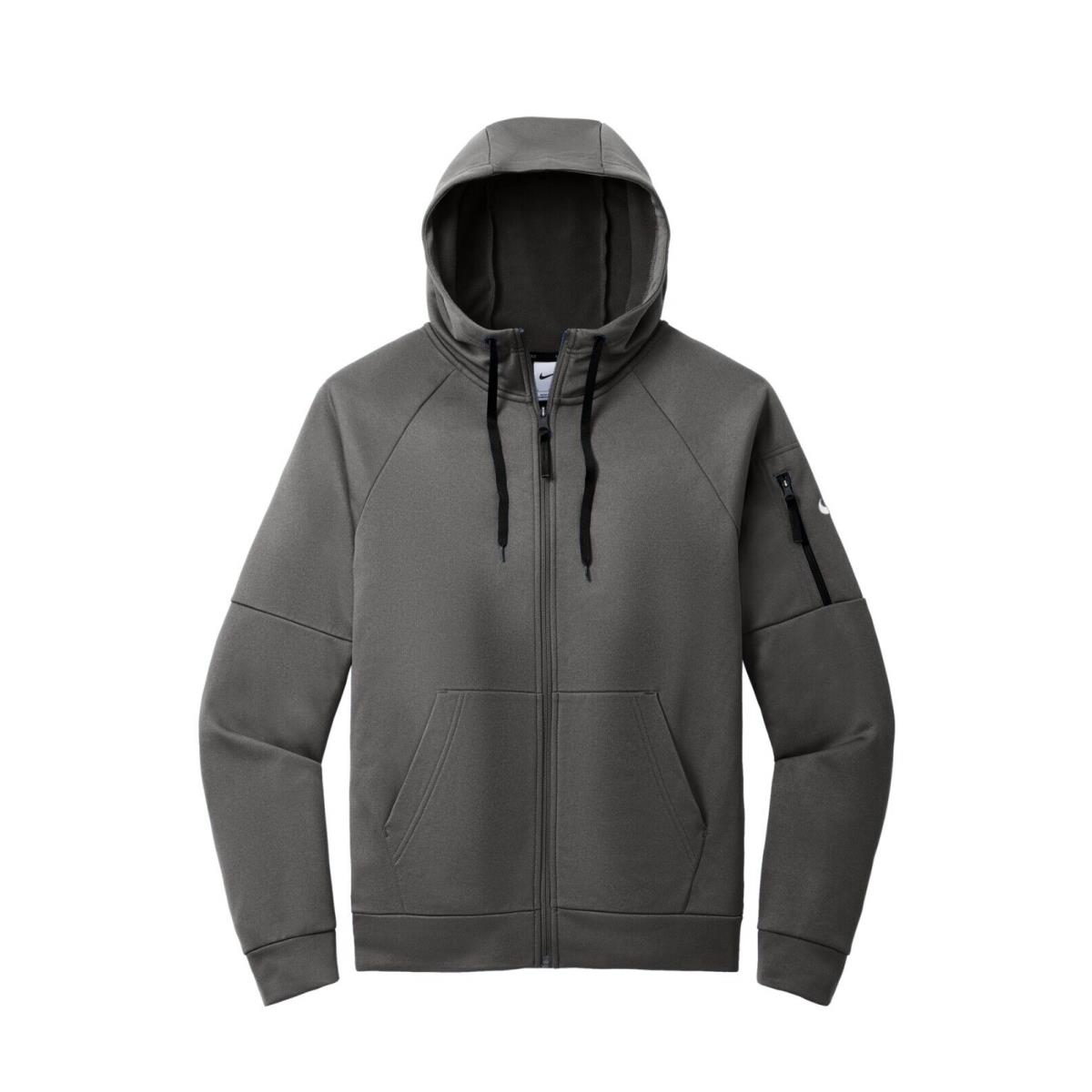 Men`s Nike Therma-fit Full Zip Fleece Hoodie Arm Pocket Hood Drawcords XS-4XL Anthracite Grey