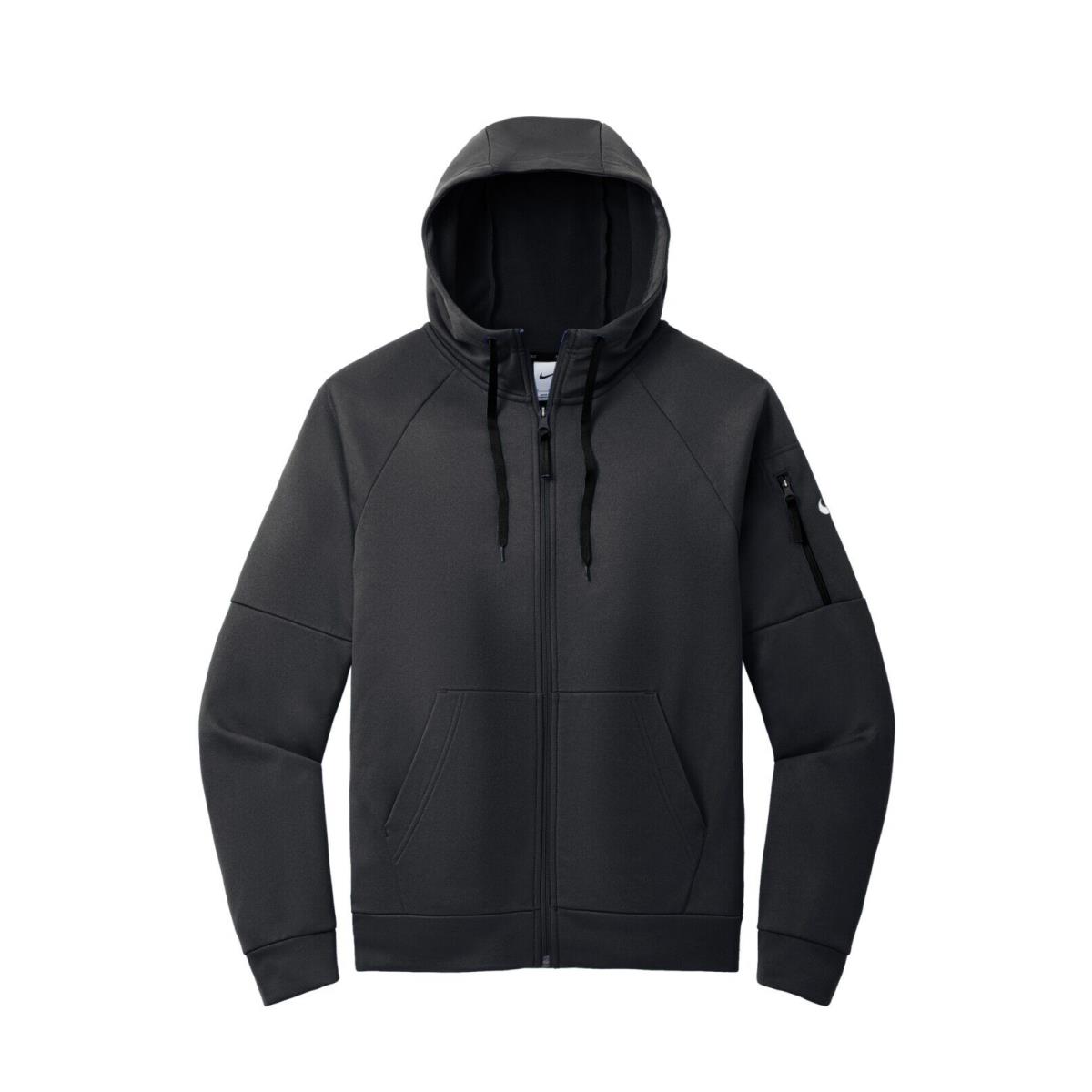 Men`s Nike Therma-fit Full Zip Fleece Hoodie Arm Pocket Hood Drawcords XS-4XL Black