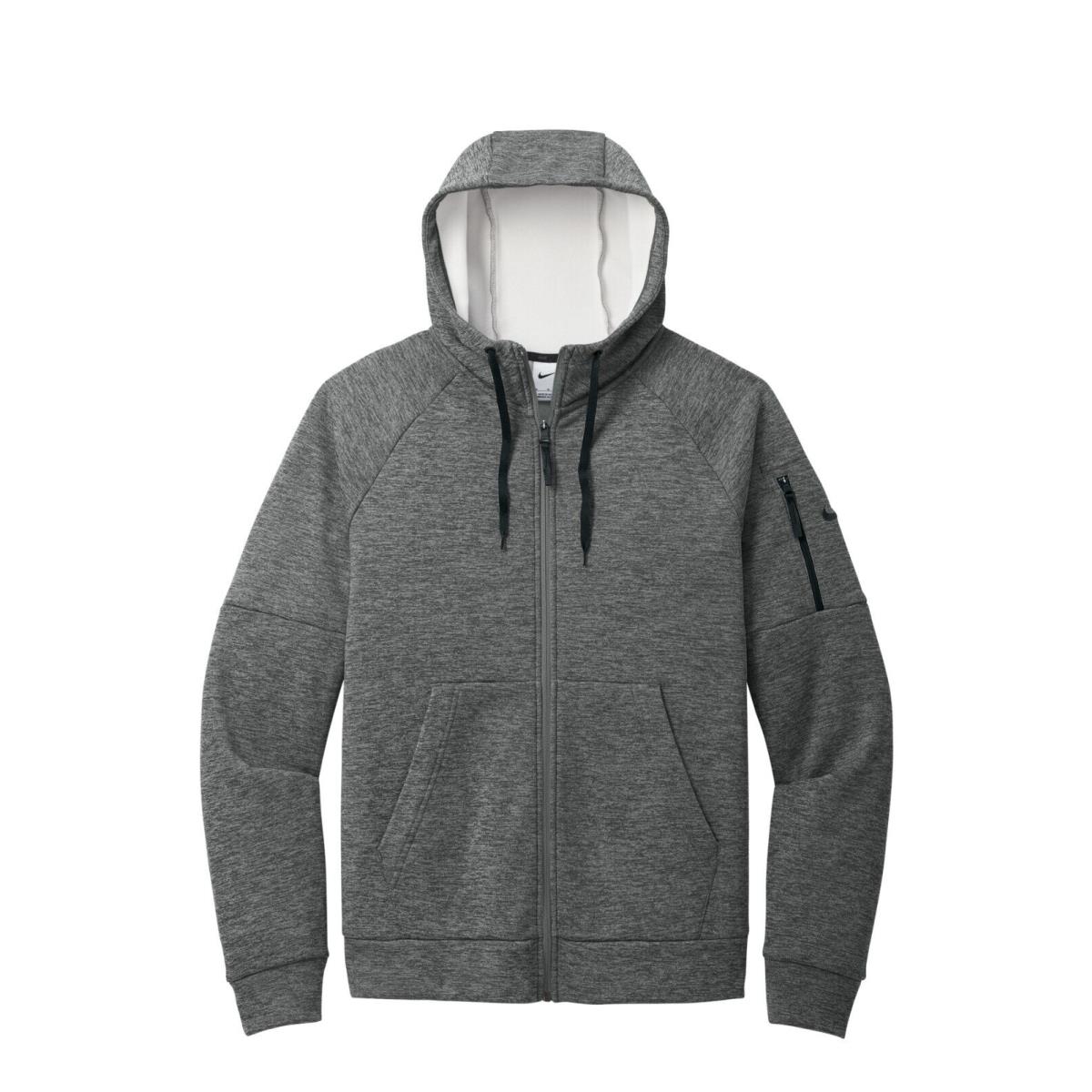 Men`s Nike Therma-fit Full Zip Fleece Hoodie Arm Pocket Hood Drawcords XS-4XL Charcoal Grey Heather