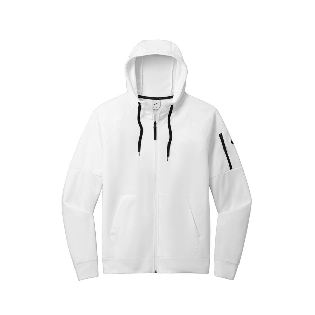 Men`s Nike Therma-fit Full Zip Fleece Hoodie Arm Pocket Hood Drawcords XS-4XL White