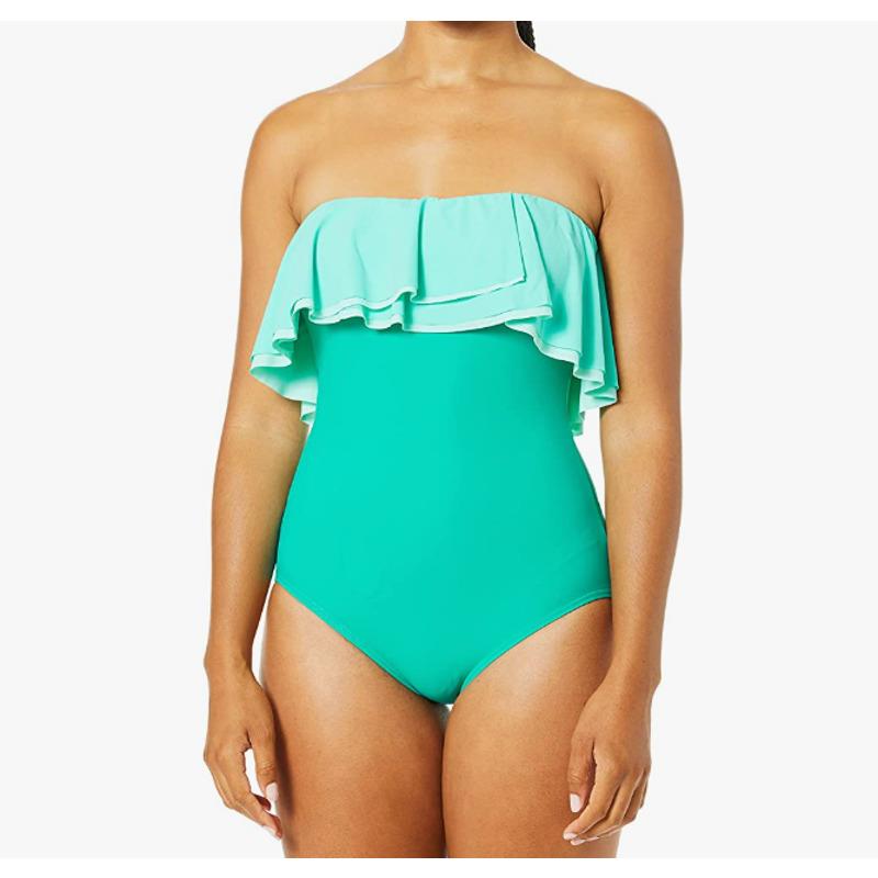 Contours by Coco Reef Bandeau One Piece Teal Green Swimsuit Ruffle 12 36D