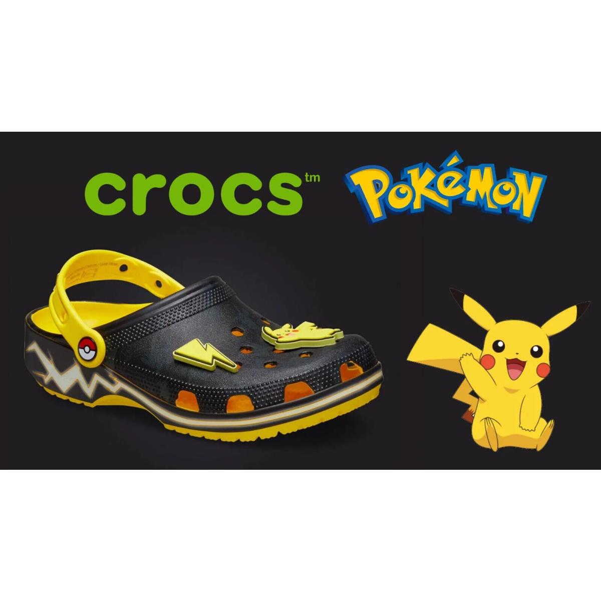 Crocs X Pokemon Pikachu Classic Clog Black Yellow Jibbitz Unisex M6 / W8