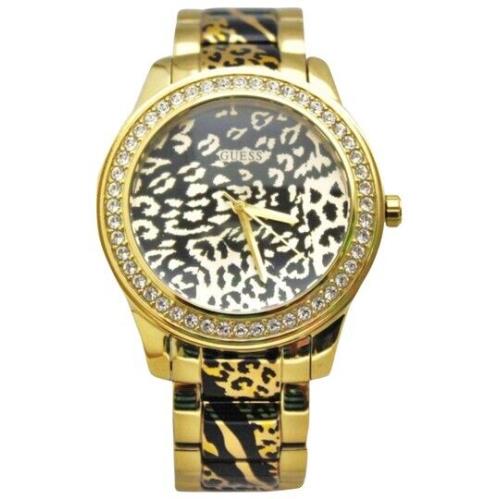 Women`s Gold Tone Guess Leopard Print Stainless Steel Crystals Watch U0465L1