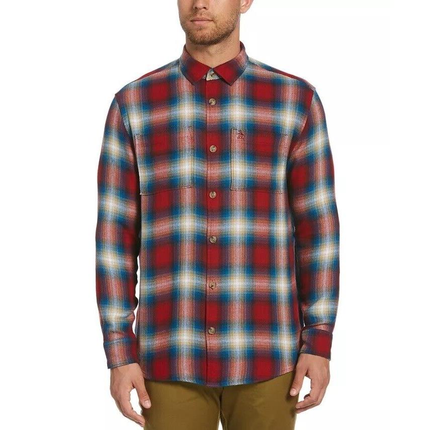 Original Penguin Red Men`s Ombre Herringbone Plaid Flannel Shirt US Large