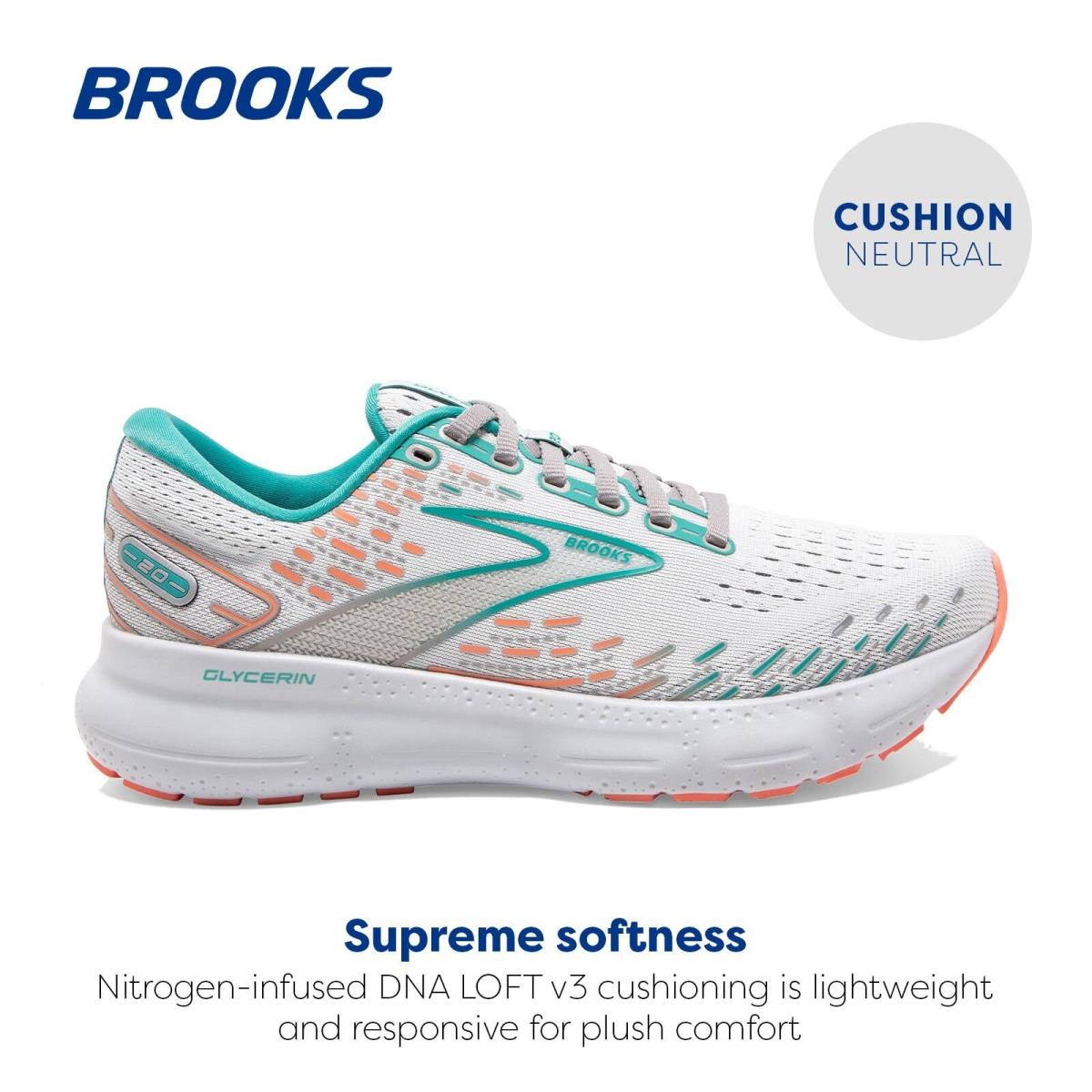 Brooks Women`s Glycerin 20 Running Shoe Oyster/latigo Bay/coral 6.5 Medium US