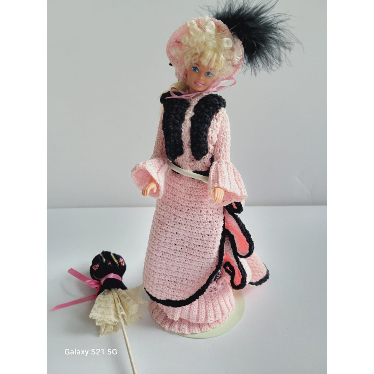 1800s Paris Spring Barbie Doll Fashion Hand Crochet Outfit Pink Dress W Parasol
