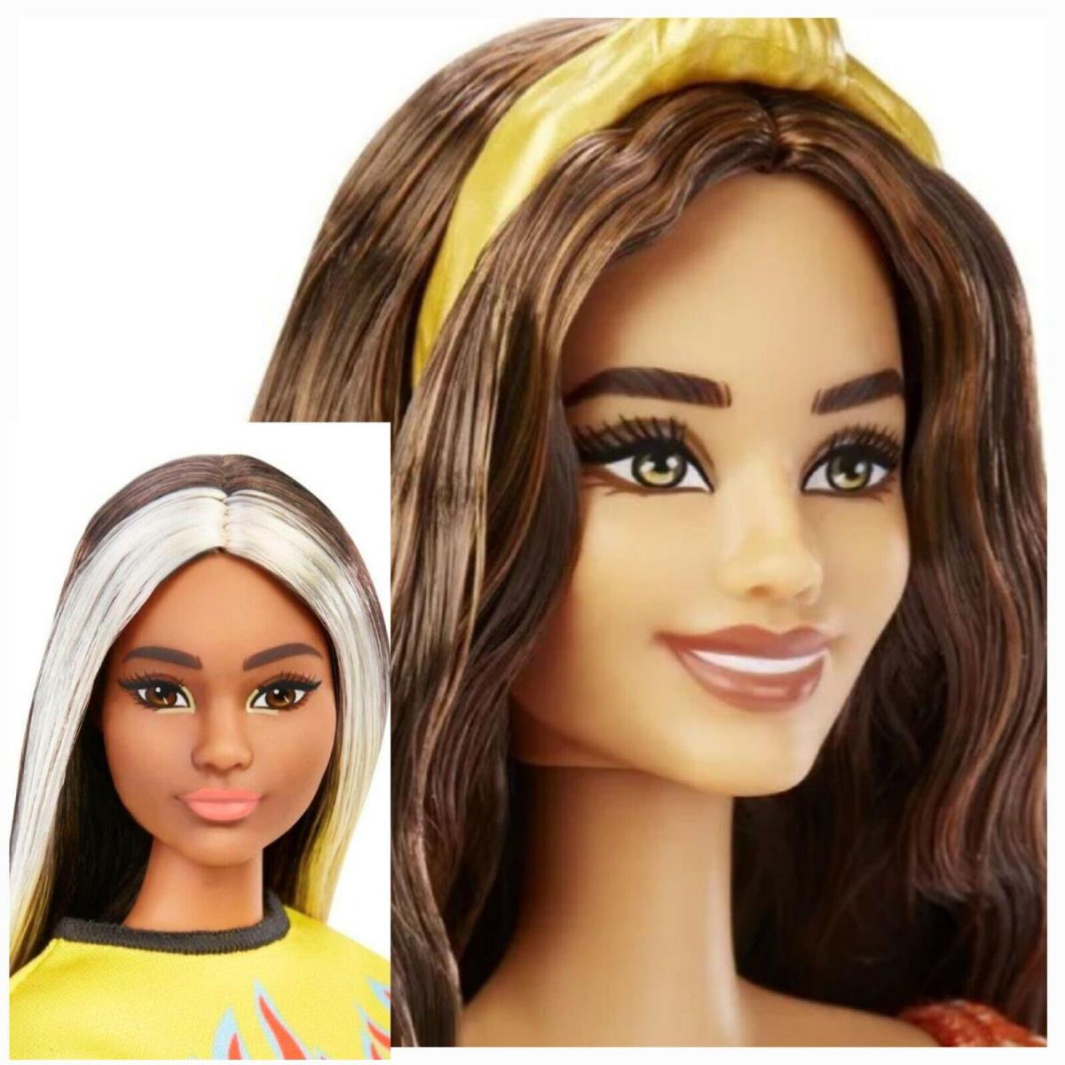 Barbie Brunette Hair Long w/ Headband Orange Flower + Flame Checker Dess Doll 2