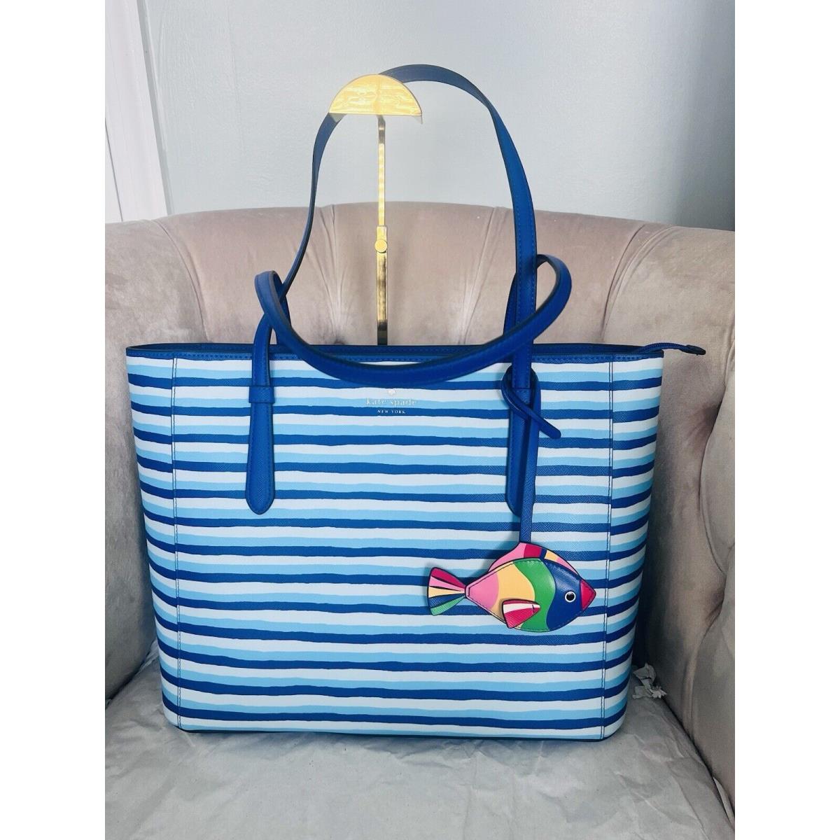 Kate Spade York Schuyler Wave Stripe Medium Tote Bag Handbag Fish Purse