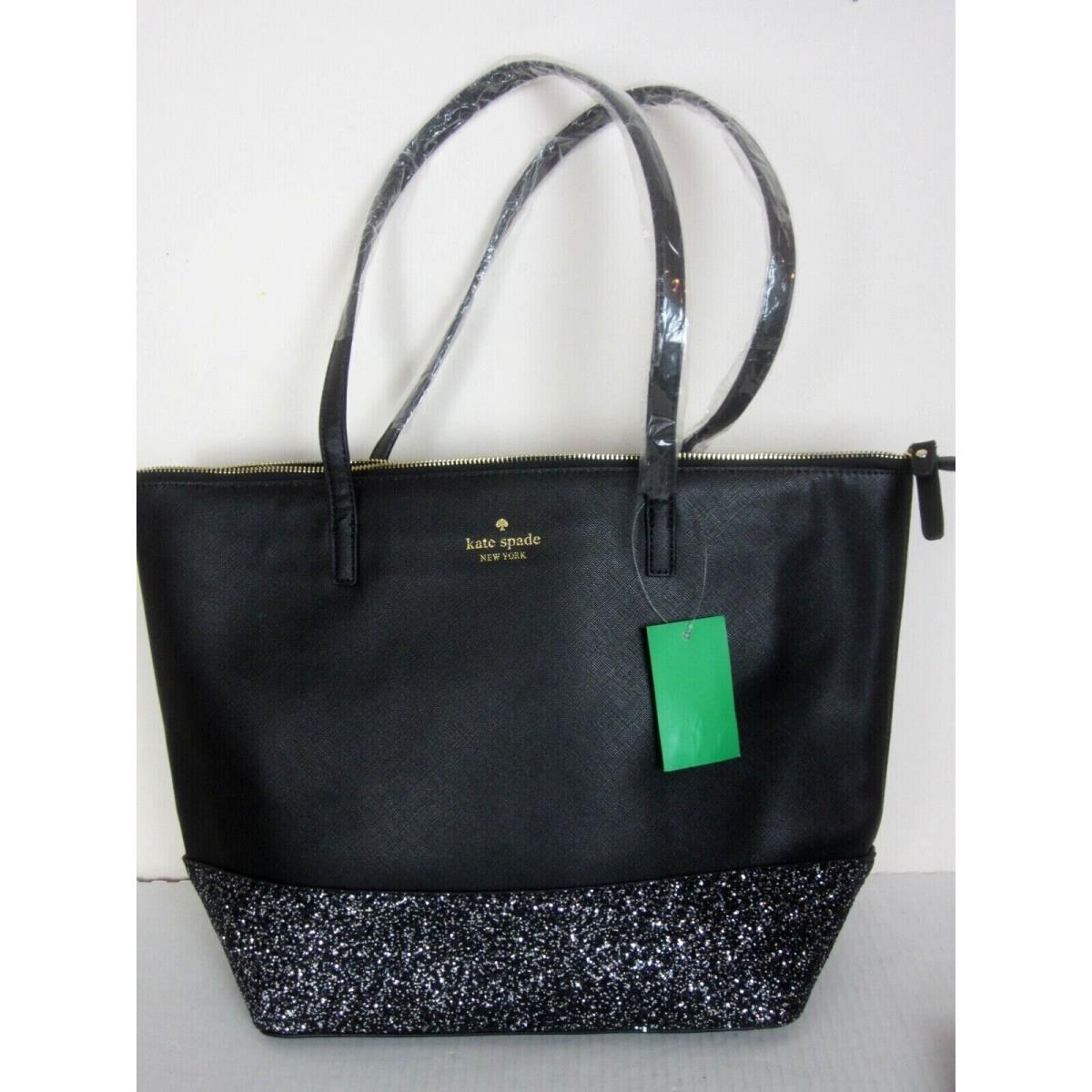 Kate Spade Tote Bag + Matching Wallet + 2 CC Holders Black Glitter 4 Pc Set New