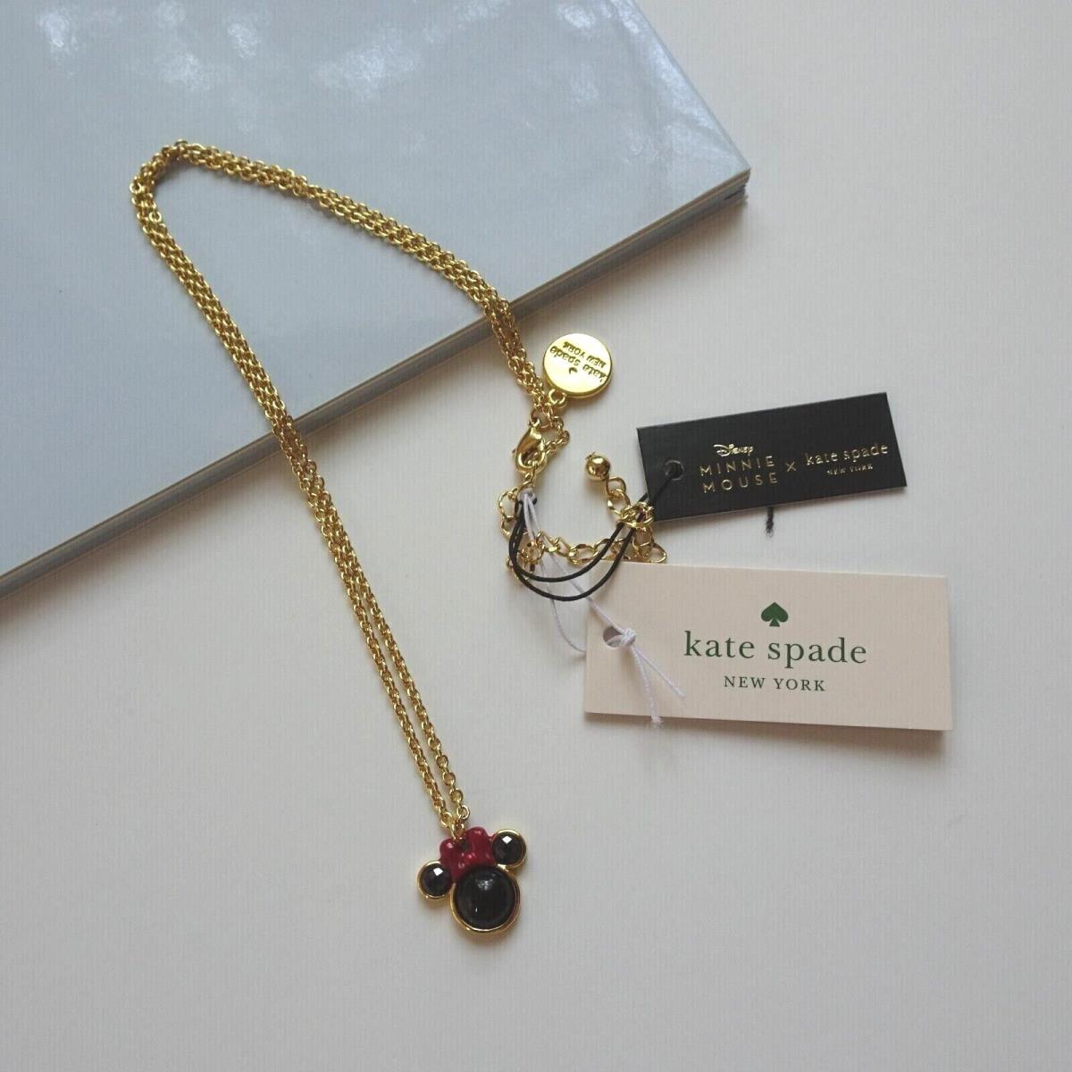 New Disney x Kate Spade Minnie Mouse Necklace Pendant Goldtone Dust Bag Novelty
