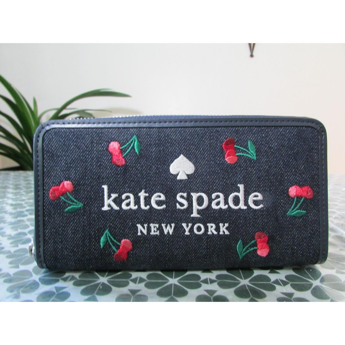 Kate Spade Denim Ella Large Cherry Continental Wallet Blue Multi