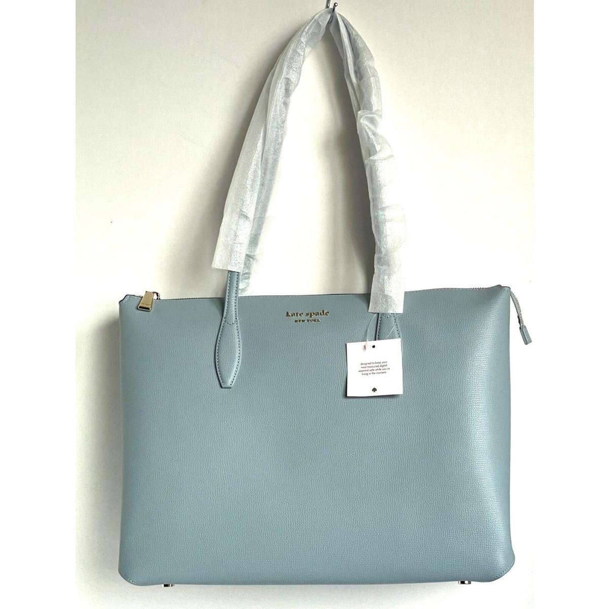 Kate Spade All Day Zip Tote Large Blue Leather Laptop Shoulder Bag Ocean Work