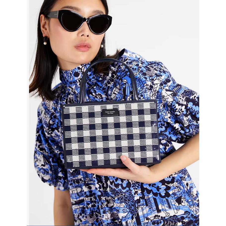 Kate Spade New York Sam Icon Gingham Sequin Small Tote Dustbag - Blazer Blue