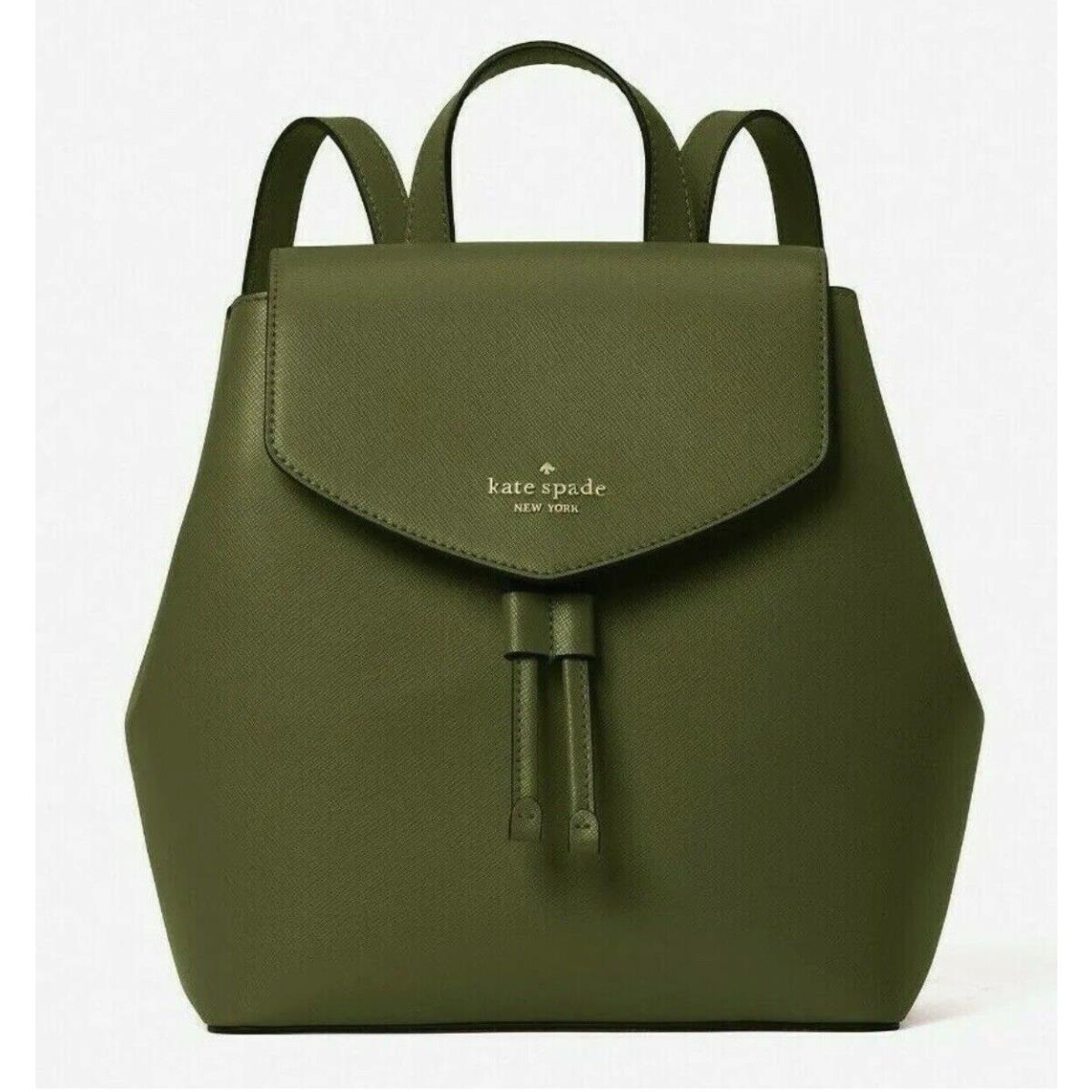 New Kate Spade Lizzie Saffiano Leather Medium Flap Backpack Enchanted Green