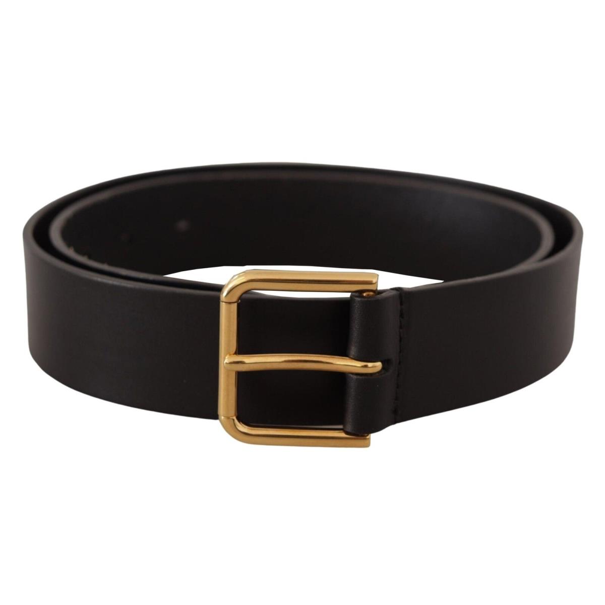 Dolce Gabbana Black Calf Leather Gold Tone Logo Metal Buckle Belt