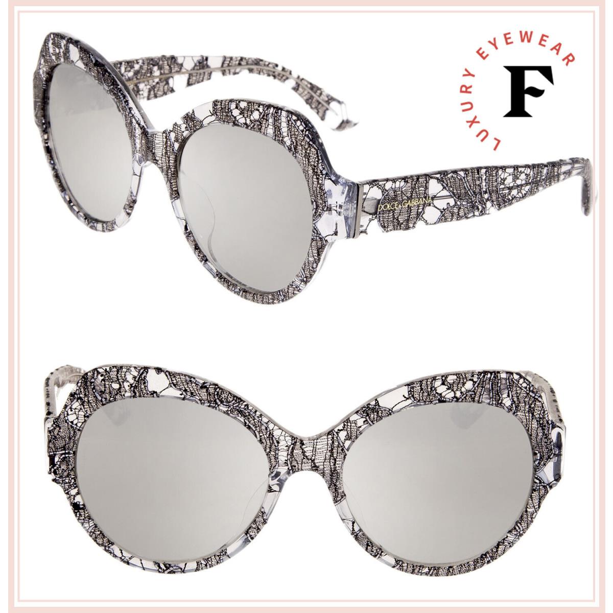 Dolce Gabbana Print Family Lace 4320 Crystal Black Mirrored Sunglasses DG4320F