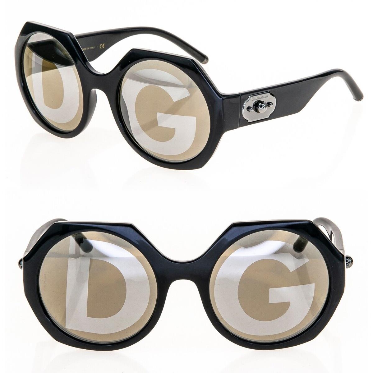 Dolce Gabbana 6120 Black Brown Gold DG Logo Mirrored Round Sunglasses DG6120S