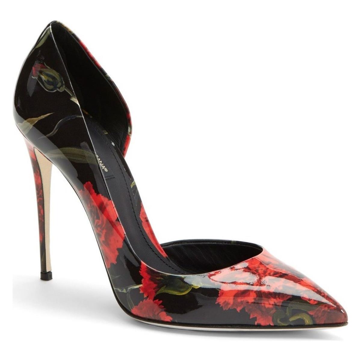 Dolce Gabbana Floral Print Patent Leather Half D`orsay Pointy Pump Shoe 37-6.5