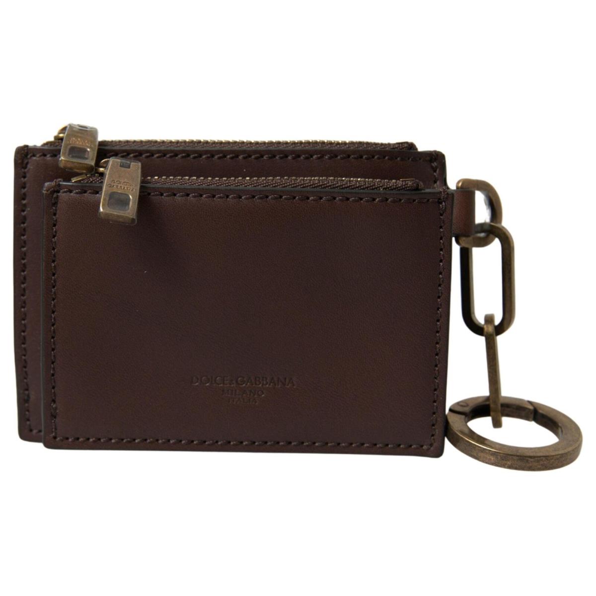 Dolce Gabbana Brown Leather Zip Logo Keyring Coin Purse Wallet