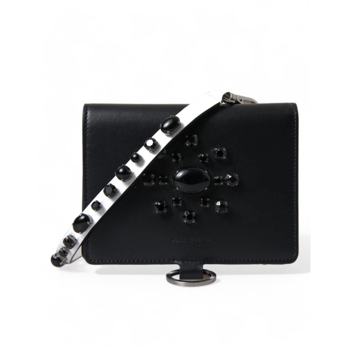 Dolce Gabbana Black Leather Crystal Embellished Card Holder Wallet