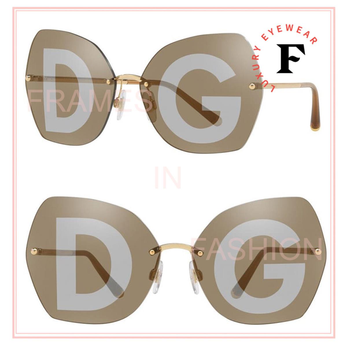 Dolce Gabbana Lucia 2204 Gold Brown DG Logo Mirrored Sunglasses DG2204S