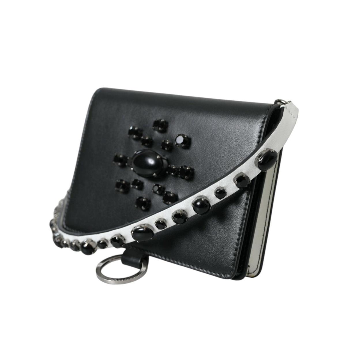 Dolce Gabbana Black White Leather Crystal Embellished Cardholder Wallet