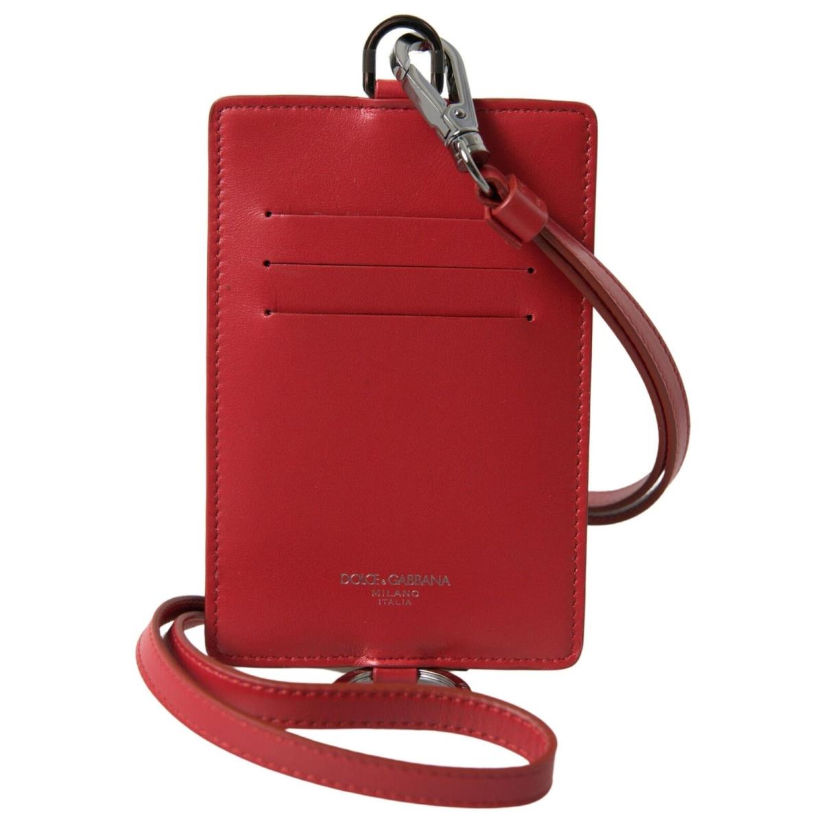 Dolce Gabbana Red Leather Lanyard Logo Card Holder Men Wallet