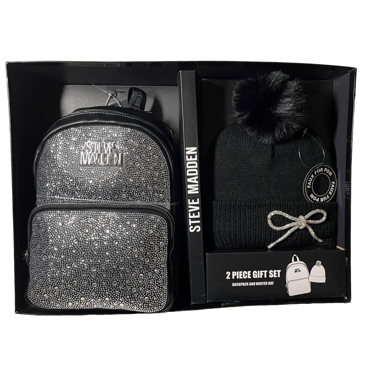 Steve Madden 2 PC Gift Set Bling Rhinestone Backpack Bag Winter Hat Black