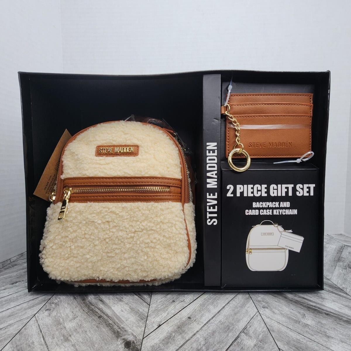 Steve Madden 2 Pc Gift Set Cream/brown Sherpa Mini Backpack Card Case W/tags