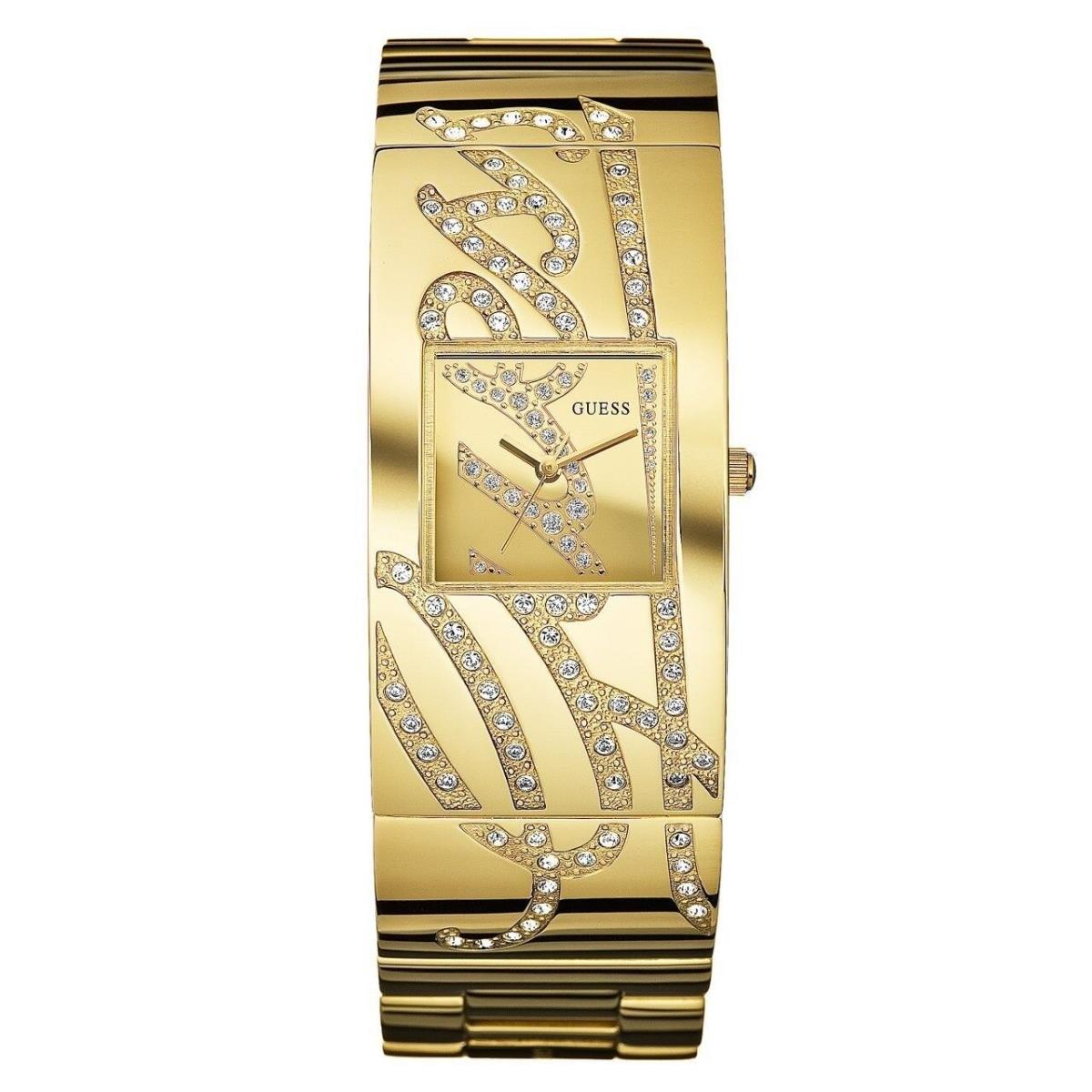 New-guess Gold Tone S/steel+crystal Pave Logo Bracelet Cuff Watch U15045L1