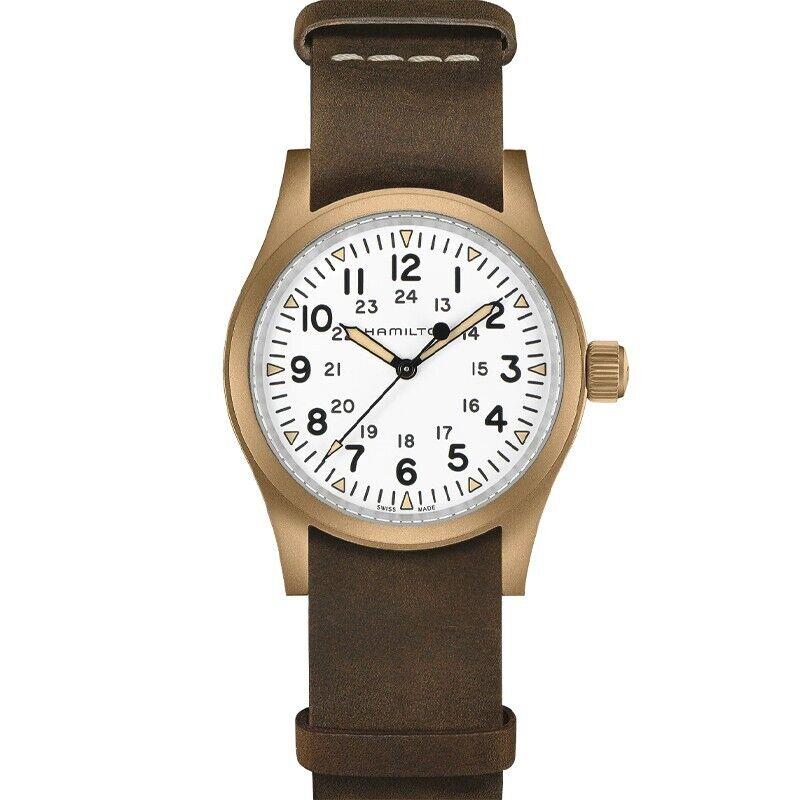 Hamilton Khaki Field 38mm Mechanical Bronze Case Men`s Watch H69459510 - Dial: White, Band: Brown, Bezel: Bronze