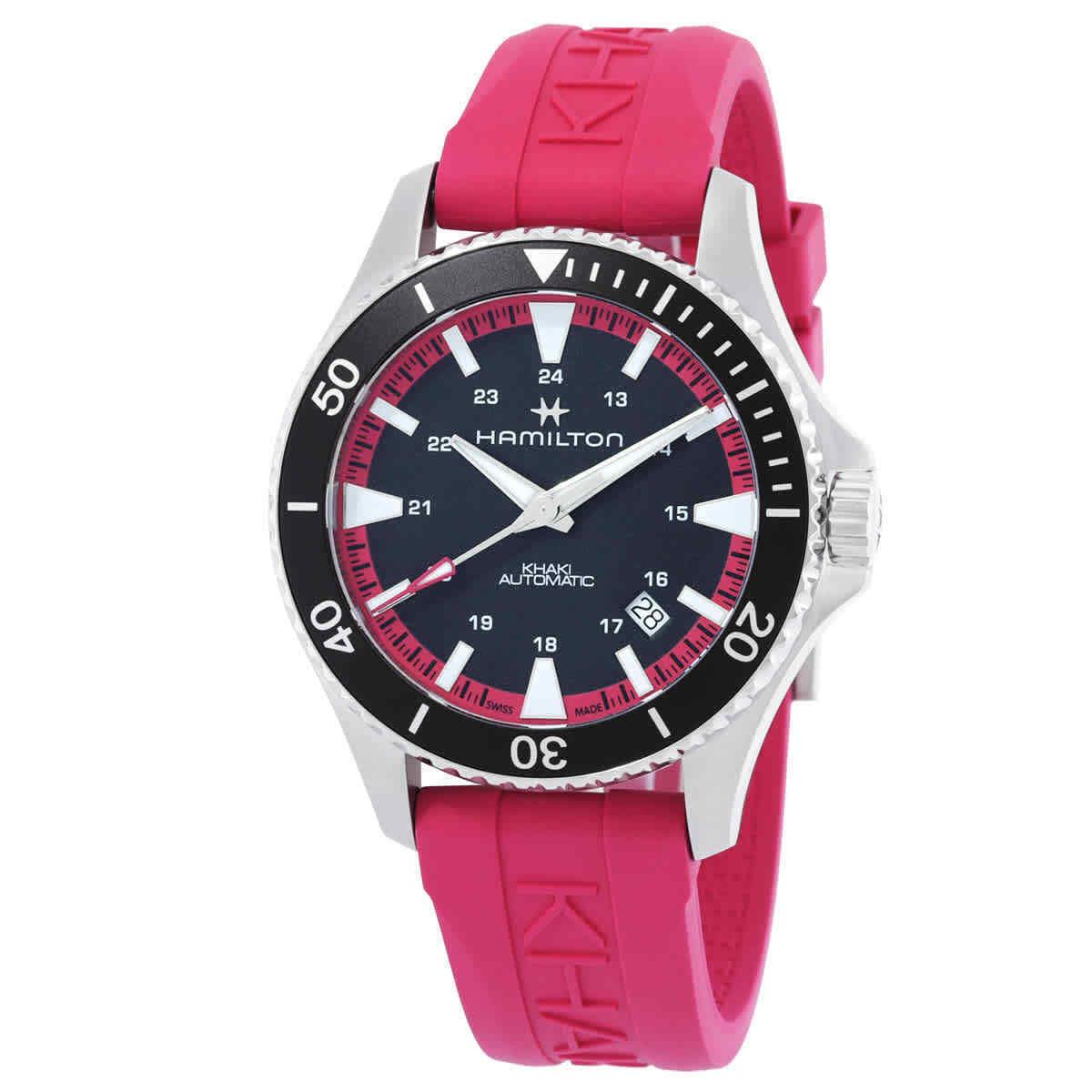 Hamilton Khaki Navy Automatic Black Dial Men`s Watch H82395330 - Dial: Black, Band: Pink, Bezel: Silver-tone