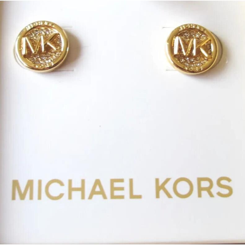 Michael Kors MK Logo Yellow Gold Brass Stud Round Earrings MKJ8012710 + MK Box