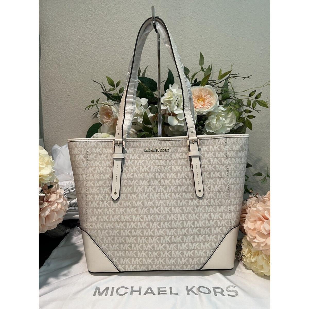 Michael Kors MK Initial Canvas/leather Trim Aria Large Tote Bag Bone/cream/ivory