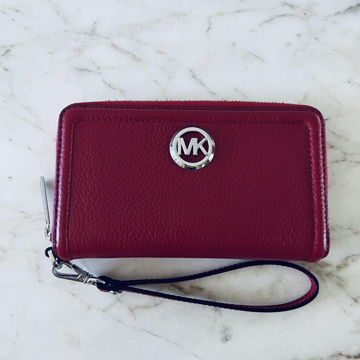 Michael Kors Fulton Scarlet Leather Multi Function Phone Zip Wallet Wristlet