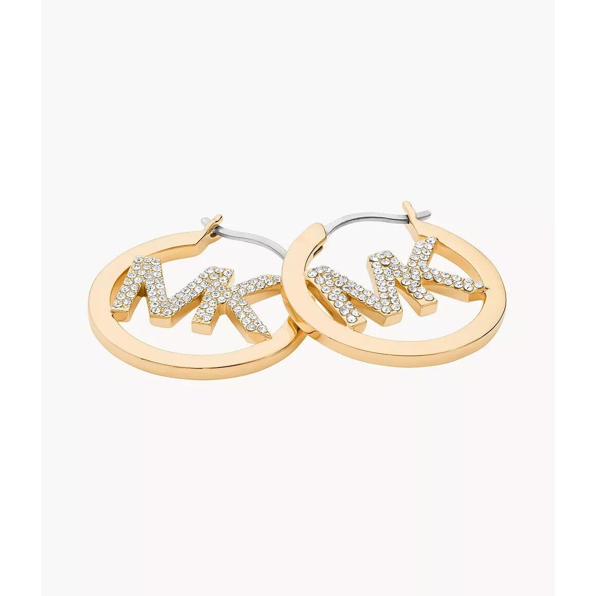 Michael Kors Yellow Gold Plated Brass Hoop Earrings Crystals MK Logo MKJ7635710