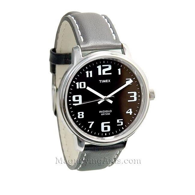 Low Vision Timex Big Easy Indiglo Watch with Date - Black Leather Band