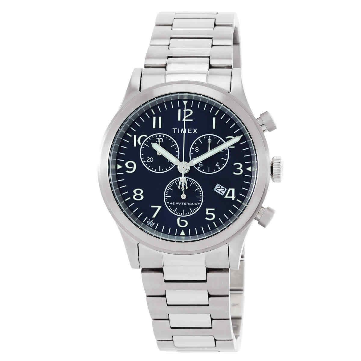 Timex Waterbury Traditional Chronograph Quartz Blue Dial Men`s Watch TW2W48200 - Dial: Blue, Band: Silver-tone, Bezel: Silver-tone