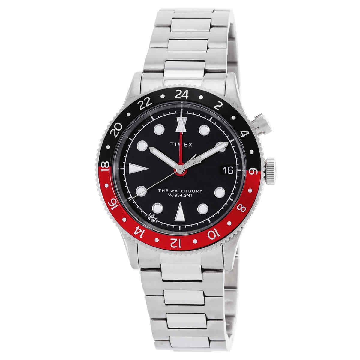 Timex Waterbury Traditional Gmt Quartz Black Dial Men`s Watch TW2W22700 - Dial: Black, Band: Silver-tone, Bezel: Silver-tone