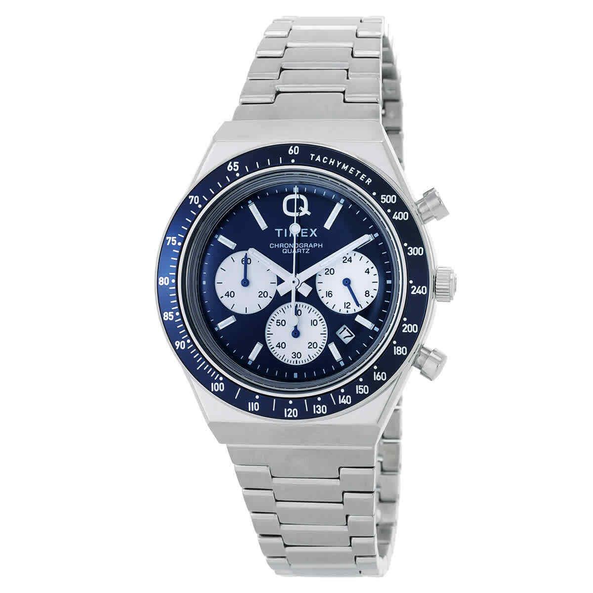 Timex Q Timex Chronograph Quartz Blue Dial Men`s Watch TW2W51600 - Dial: Blue, Band: Silver-tone, Bezel: Silver-tone