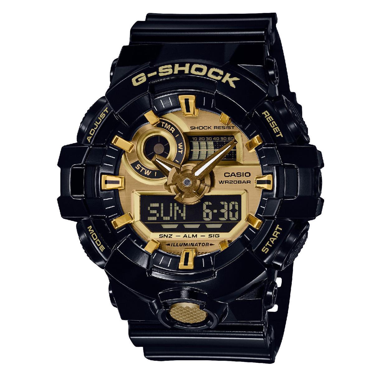 New- Casio G-shock Black Watch with Gold Tone Accents GA710GB-1A